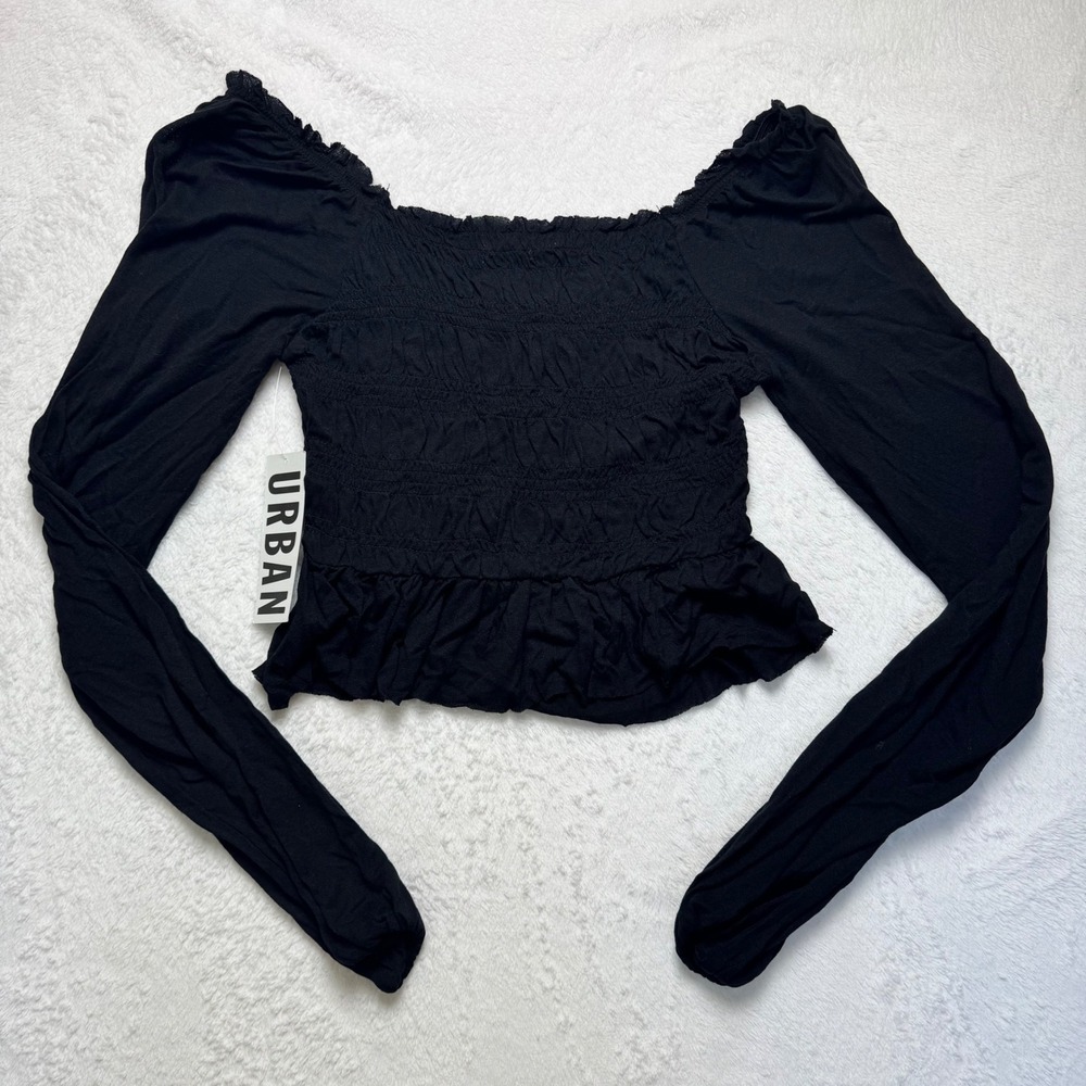 Urban Outfitters Black Smocked Long Sleeve Peplum Top Sweetheart Neck Ruffle XS - Picture 2 of 4